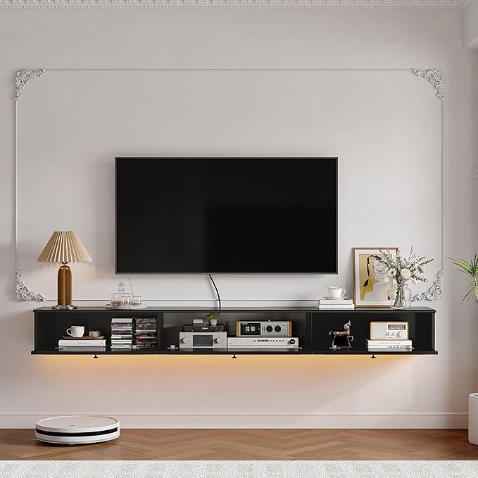 Retro Floating TV Console with 3 Doors,55'' High Gloss Floating TV Stand,Wall Mounted TV Cabinet,Contemporary Floating Media Console for Under TV Storage,Living Room,Bedroom(Black)