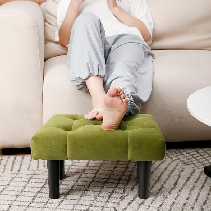 HOUCHICS Small Footstool Ottoman,Velvet Soft Footrest Ottoman with Wood Legs,Sofa Footrest Extra Seating for Living Room Entryway Office(Green 1PACK)