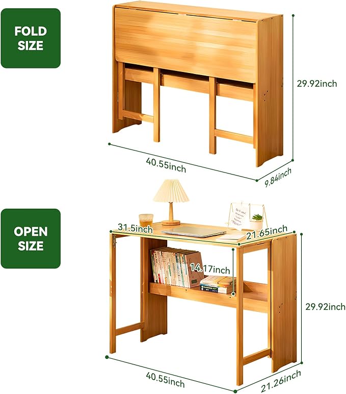 Bamboo Folding Desk Mid Century Modern Desk for Home Office Bedroom Small Spaces, Natural，40.55" Long Desktop