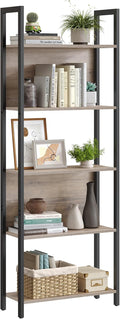 VASAGLE 5-Tier Bookshelf, Book Shelf, Industrial Bookcase, with Steel Frame, for Living Room, Home Office, Bedroom, 9.4 x 24.4 x 65 Inches, Greige and Black ULLS025B02