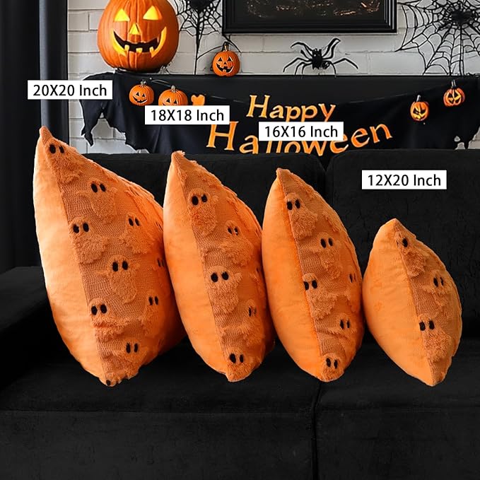 4TH Emotion Halloween Ghost Decorative Pillow Covers 18x18 Set of 2, Orange Soft Plush Faux Fur Farmhouse Throw Cushion Cases for Fall Autumn Holiday Home Decorations
