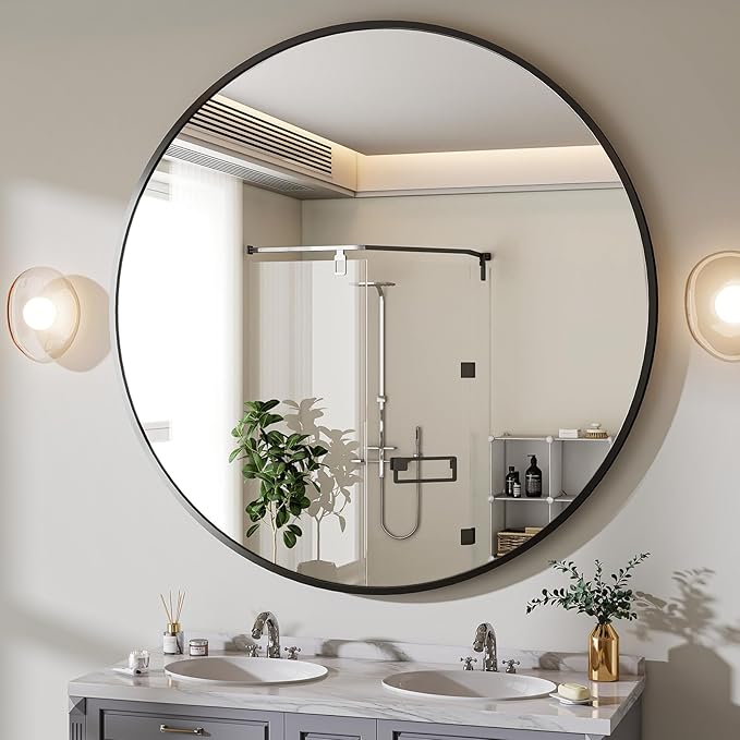 BEAUTYPEAK 30 Inch Round Mirror, Metal Frame Circle Mirror, Wall Mounted for Entryway, Bathroom, Vanity, Living Room, Black