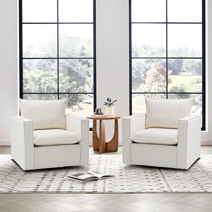 COLAMY Swivel Accent Chair Set of 2, 34 Inches Wide Upholstered Arm Chair with Plump Back Pillow, Modern Sofa Living Room Chair for Bedroom, Corner, Reading Nook-Beige