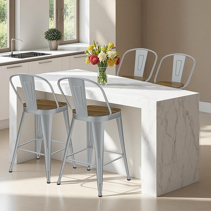 Metal Bar Stools Set of 4, High Back Bar Stools with Wooden Seat, 26 inch Silver Barstools for Kitchen Island