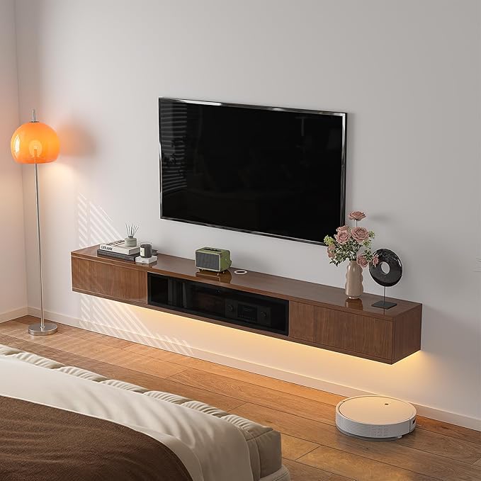 High Gloss Floating TV Stand,55'' Wall Mounted TV Console,Under TV Floating Shelf,Floating TV Cabinet with 3 Doors for Bedroom Living Room(Walnut)