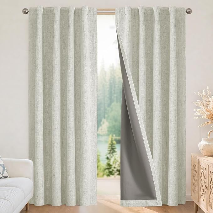 Joydeco 100% Blackout Curtains for Bedroom - Natural Linen Curtains 66" W x 96" L Long, Thermal Insulated 2 Panels Light Beige. Room Darkening Light Blocking Drapes for Living Room