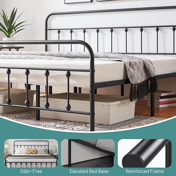 Twin Bed Frame-Classic Metal Platform Bed Frame Mattress Foundation with Victorian Style Iron-Art Headboard/Footboard/Under Bed Storage/No Box Spring Needed/Black