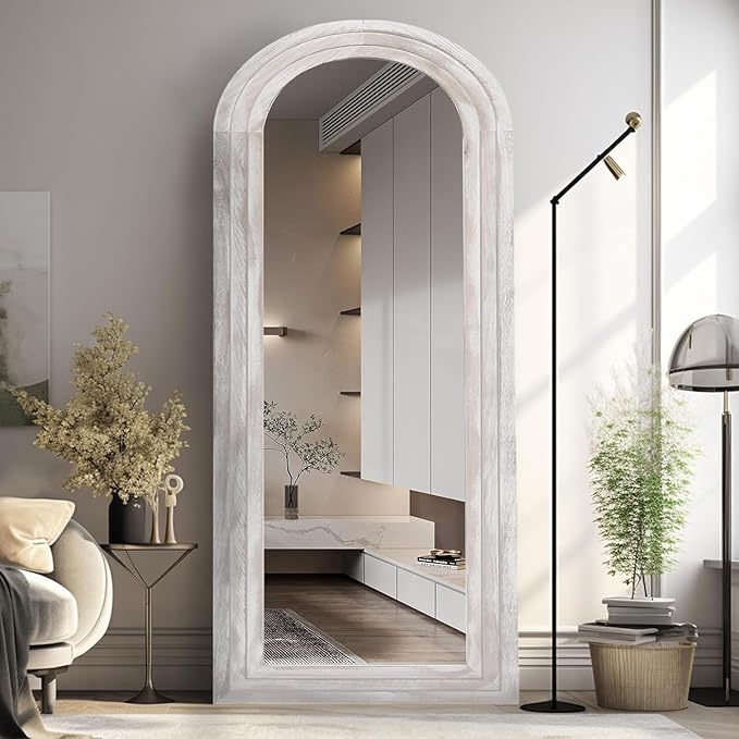 Arched Full Length Mirror with Solid Wood Frame, 65x22 Farmhouse Wall Mirror Full Length with Stand, Vertical Hanging, Leaning Standing for Bedroom, Living Room, Rustic White