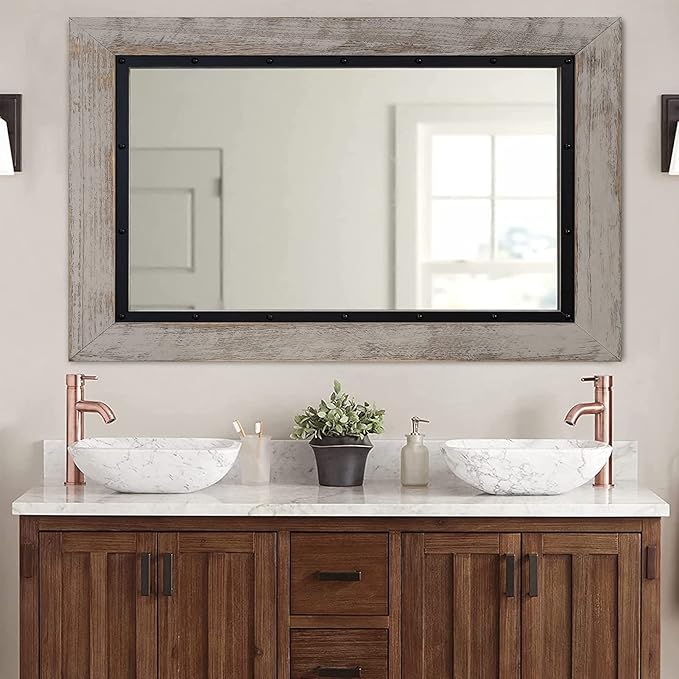 YOSHOOT Rustic Wooden Framed Wall Mirror, Natural Wood and Iron Bathroom Vanity Mirror for Farmhouse Decor, Vertical or Horizontal Hanging, 60" x 36", Grey