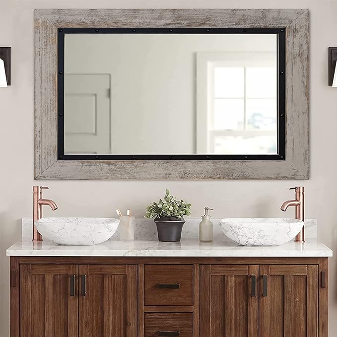 YOSHOOT Rustic Wooden Framed Wall Mirror, Natural Wood and Iron Bathroom Vanity Mirror for Farmhouse Decor, Vertical or Horizontal Hanging, 53" x 28", Grey