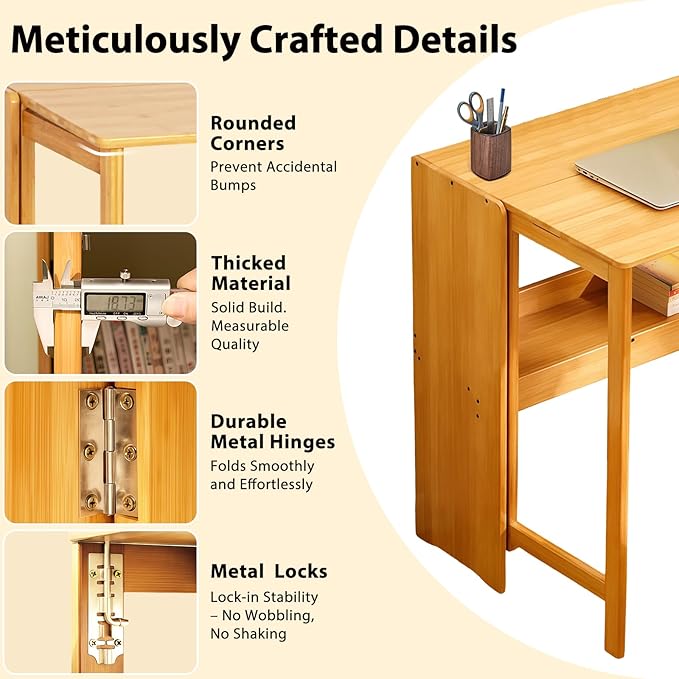 31.5" Bamboo Folding Desk,Space-Saving Computer Desk for Small Spaces, Foldable Study Table for Bedroom, Home Office, Dorm, Apartment（Natural）