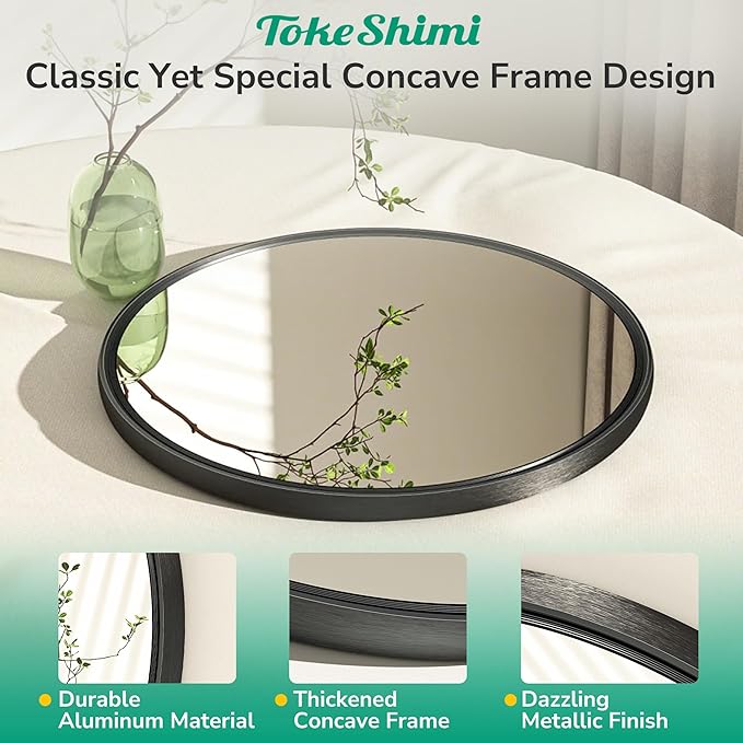TokeShimi 36 in Round Black Mirror Framed for Over Sink Tempered, Shatterproof Round Mirror, 36x36 Circle Bathroom Vanity Mirrored Farmhouse for Entryway, Bedroom, Restroom, Vanity, Living Room