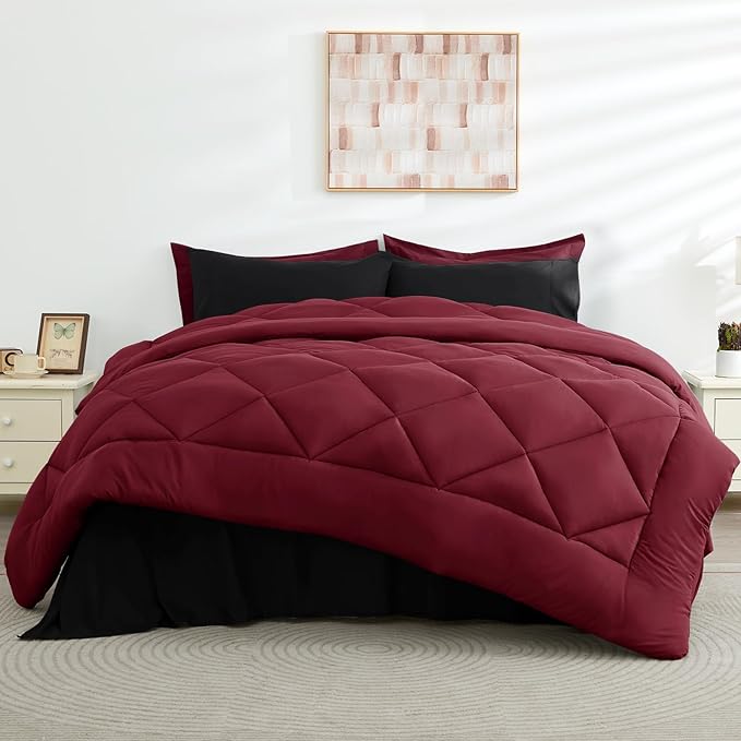 HEVUMYI Red & Black Twin-XL Comforter Set - 5-Piece All Season Bed in a Bag Twin-XL, Ultra Soft Bedding Set with Burgundy Comforter, Flat Sheet, Fitted Sheet, Pillowcases, Pillow Shams