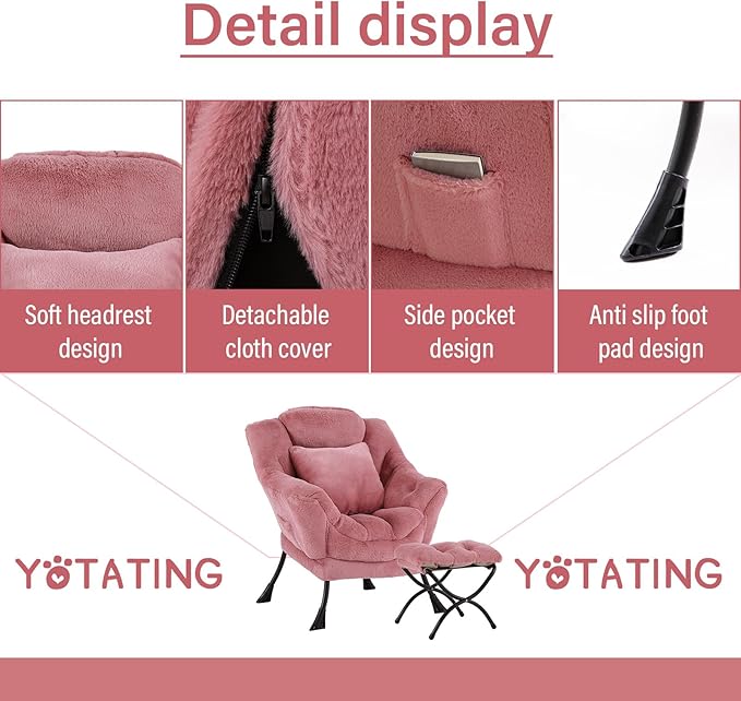 Lazy Chair with Ottoman, Comfy Reading Lounge Chair with Footstool & Throw Pillow Modern with Armrests & Side Pocket for Living Room, Bedroom, Dorm Room, Plush Dark Pink