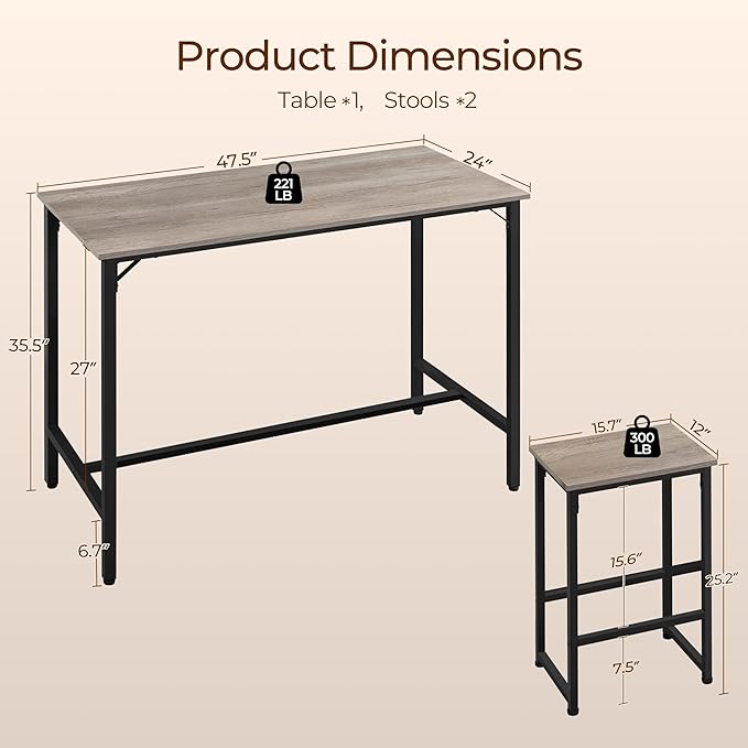 Yaheetech 3 Piece Dining Table Set, 47.5" Industrial Pub Table Set, Counter Height Kitchen Table with Bar Stools Set of 2, for Small Space, Apartment
