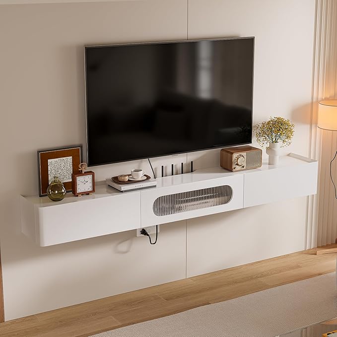 Floaticase Floating TV Stand, 94IN Fully Assembled Hign Gloss Wall Mounted Entertainment Center with Flip-Down Door & Drawers, Under TV Shelf with Large Storage for Living Room, Bedroom
