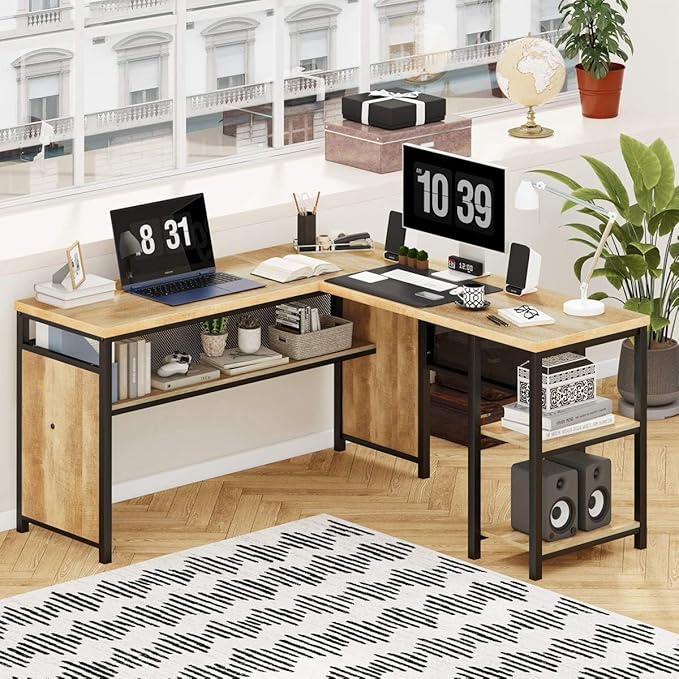 FATORRI L Shaped Computer Desk with Wood Shelves, Industrial Rustic Home Office Corner Desk with Metal Legs (Rustic Oak, 59 Inch)