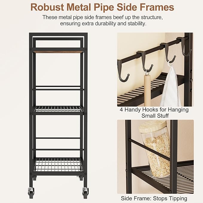 3-Tier Kitchen Cart with Adjustable Shelves - Microwave Storage Cart & Utility Rolling Organizer, Industrial Wheels for Small Spaces, 15.7"x23.6"x33.7" Kitchen Office Living Room Metal Rack