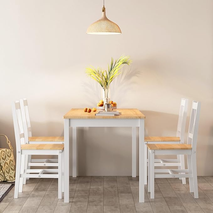 SogesPower Dining Table Set for 4, 5-Piece Wood Kitchen Dining Table Set with 4 Chairs for Kitchen Dining Room Restaurant Small Space, 47" White&Oak