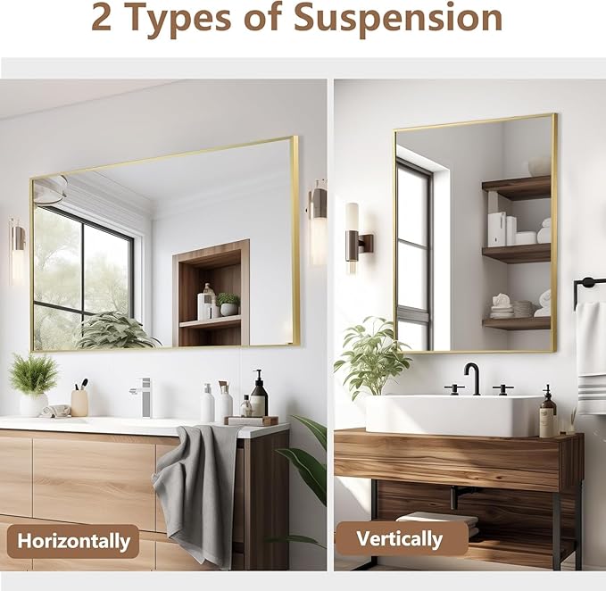 Gold Bathroom Mirror, 40"x30" Rectangle Mirror, Brushed Gold Mirror, Metal Frame Square Corner Vanity Mirror, Wall Mounted Mirror for Modern, Living Room, Bedroom, Horizontal Or Vertical