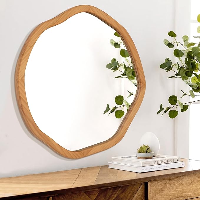 ULIKE Round Wood Mirror 24 Inch Circle Wall Mirror, Asymmetrical Bathroom Vanity Mirror with Wood Frame, Decorative Wall Mounted Mirror for Bedroom, Living Room, Entryway, Natural