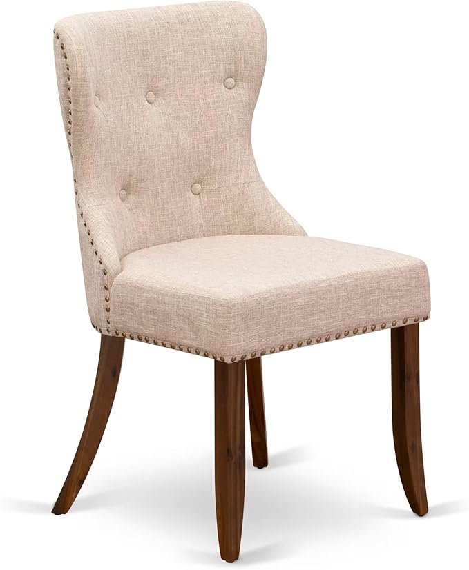 LESI9-AWA-04-9-pc Modern Dining Set Consists of a Dining Table and 8 Light Tan Linen Fabric Mid Century Dining Chairs with Button Tufted Back - Antique Walnut Finish