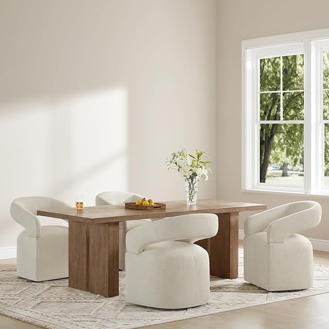 Upholstered Dining Chairs with Removable Casters Barrel Side Armchair with Rollers for Diningroom Bedroom Livingroom Reading Room, Cream Beige, 2PCS