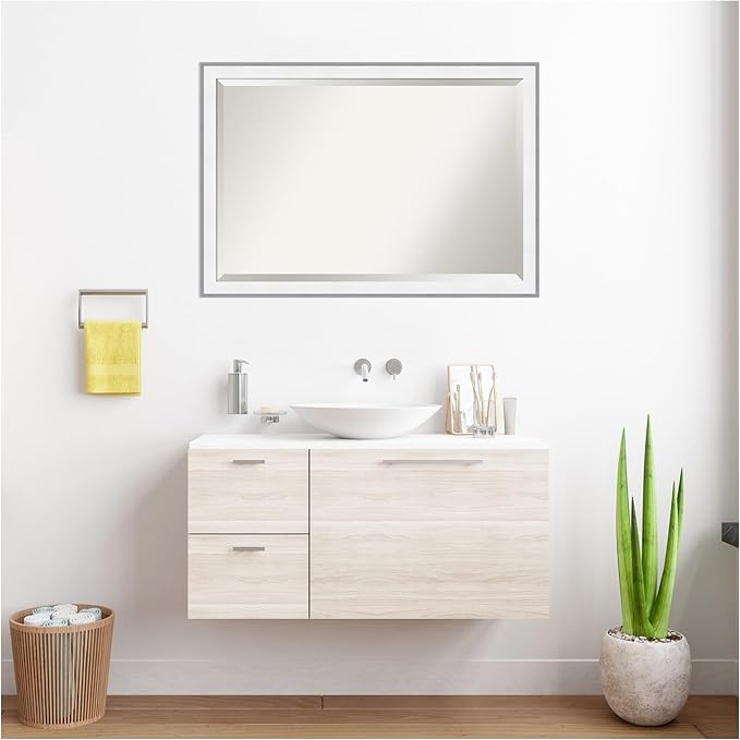 Amanti Art Bathroom Mirror for Over Sink, 27x39 Maya White Silver Rectangle Vanity Mirror, Large Modern Contemporary Frame, Hangs Horizonally and Vertically, Bathroom Wall Decor, Beveled Edge