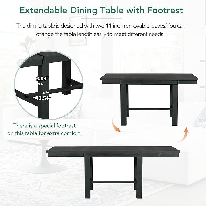 Ball & Cast Farmhouse 6 Piece Extendable Dining Table with Footrest,Living Room Furniture w/ 4 Upholstered Dining Chairs & Dining Bench,2 11" Removable Leaf,for Dining Room & Kitchen,Black+Beige