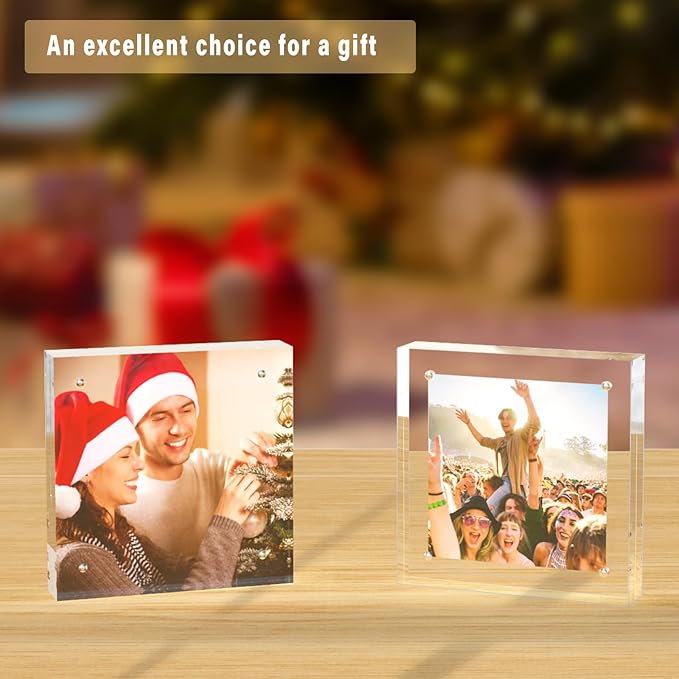 HELPLEX 5 Pack 6x6 Acrylic Picture Frames, 24mm Thicker Square Frameless Clear Frame Double Sided Magnetic Frame, Free Standing Desktop Display Stand
