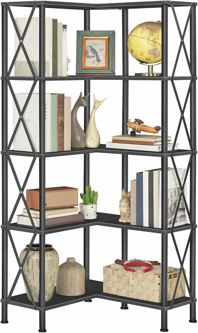 HOOBRO Corner Bookshelf, 5-Tier L-Shaped Bookcase, Industrial Open Display Shelf Tall Storage Organizer, Vertical Storage Rack, for Living Room, Home Office, Black BB60SJ01