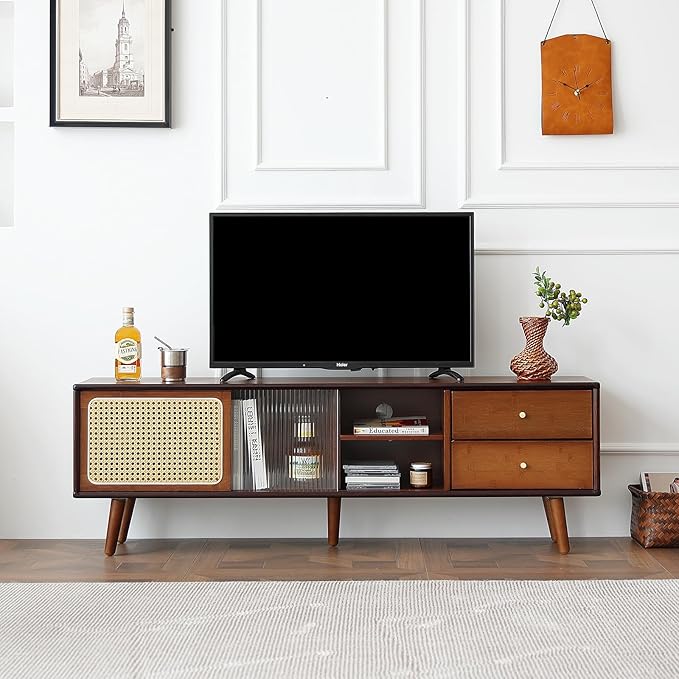 Tiita Rattan TV Stand for 55 65 Inch TV, Bamboo TV Cabinet with 2 Drawers, Boho Entertainment Center with Adjustable Shelf, Mid Century Modern Media Console for Bedroom, Living Room, Walnut