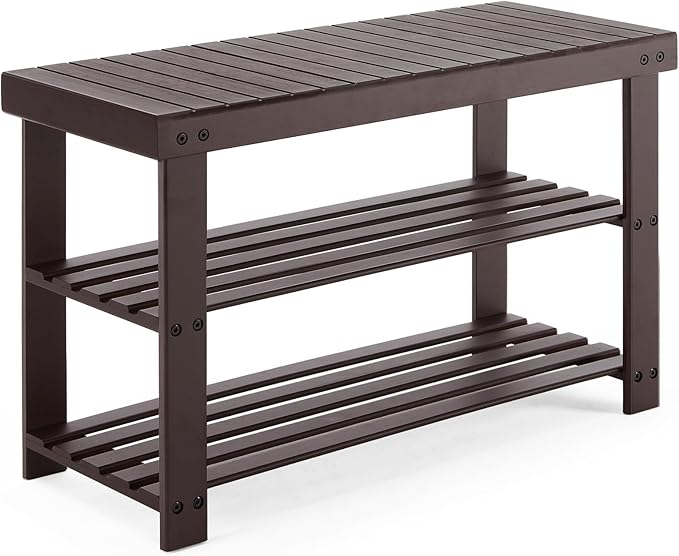 Sweetcrispy Shoe Rack Bench, 3-Tier Bamboo Entryway Storage Organizer, 286lb Capacity, Shoes Stand for FrontDoor Entrance, Bedroom, Living Room, Bathroom, Balcony, 11.3 x 27.6 x 17.8 Inches, Brown