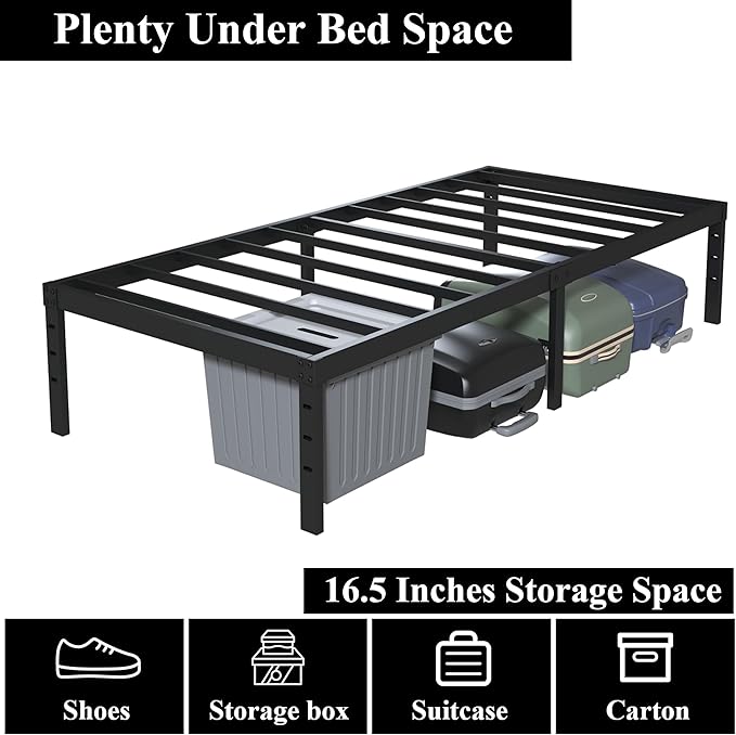 18 Inch Twin XL Bed Frames, Metal Platform Twin XL Bed Frame with High Storage, Eassy Assembly 2,500 Lbs Heavy Duty Bedframes, Black