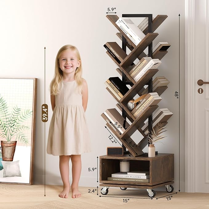 49" Rotating Tree Bookshelf, 7 Tier Double Sided Shelf, Wood Corner Bookshelf with Wheels, 360 Display Spinning Bookcase Storage Rack, Ideal for Small Rooms, Easy Assembly, Rustic Brown