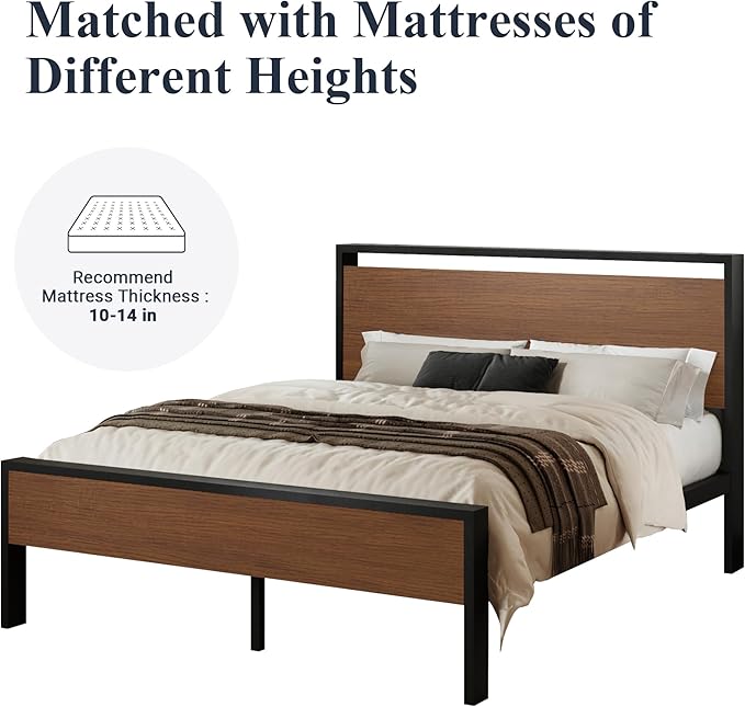 Allewie Queen Size Platform Bed Frame with Wooden Headboard and Footboard, Heavy Duty 12 Metal Slats Support, No Box Spring Needed, Under-Bed Storage, Noise Free, Easy Assembly, Walnut