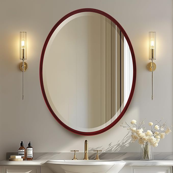 OVALCREST - Oval Wooden Beveled Wall Mirror for Home Decor, Bathroom, Vanity, Bedroom, Living Room, Hallway - London Style (Black Cherry) 13.1 x 17.1