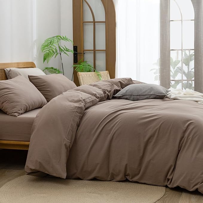 BESTOUCH Duvet Cover Set 100% Washed Cotton Linen Feel Super Soft Comfortable Chic Lightweight 3 PCs Home Bedding Set Solid Pine Bark Brown Cal King