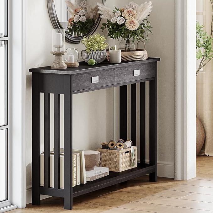 ChooChoo Black Entryway Table with Drawer, Narrow Console Table, Sofa Table with Storage Shelf for Entryway, Living Room and Hallway