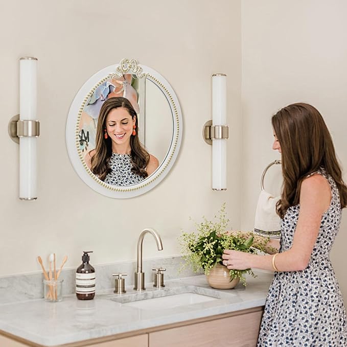 Vintage Round Wall Mirror 23.6inch Farmhouse Wooden Vanity Mirror for Wall Decor, Decorative Antique White Bathroom Mirrors, Traditional Art Home Bow Decor for Dressing Table, Living Room or Bedroom
