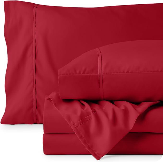 Bare Home Full XL Sheet Set - Luxury 1800 Ultra-Soft Microfiber Full Extra Long Bed Sheets - Double Brushed - Deep Pockets - Easy Fit - 4 Piece Set - Bedding Sheets & Pillowcases (Full XL, Red)