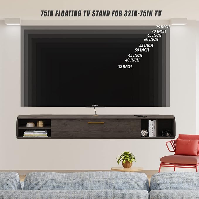 Floating TV Unit, 76'' Wall Mounted TV Cabinet, Floating Shelves with 4 Cabinets, Wood Entertainment Media Console Center Large Storage TV Bench for Living Room & Office (75.98IN, Dark Grey)