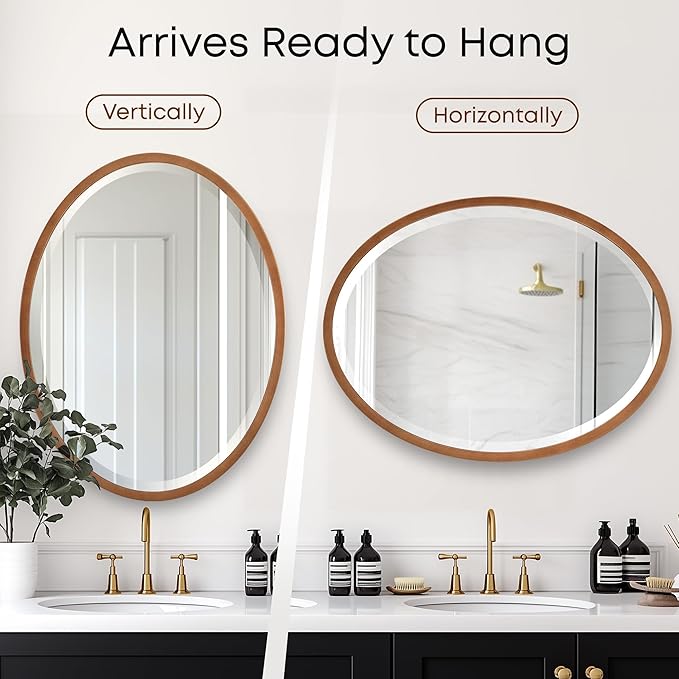 OVALCREST - Oval Wooden Beveled Wall Mirror for Home Decor, Bathroom, Vanity, Bedroom, Living Room, Hallway - London Style (Sunset Gold) 25.1 x 37.1