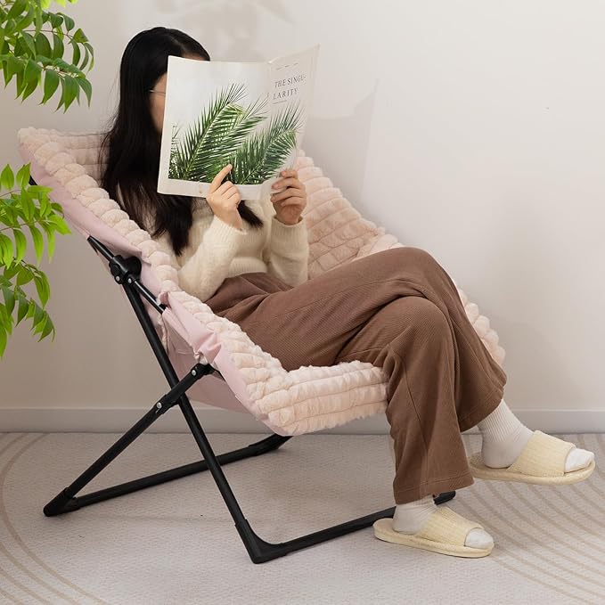 HollyHOME X-Large Saucer Chair, Comfy Oversized Folding Chair, Faux-Fur Reading Chair for Teens, Adults, Foldable Accent Chair, Metal Lounge Chair for Living Room, Bedroom, Dorm, Grid Champagne Pink