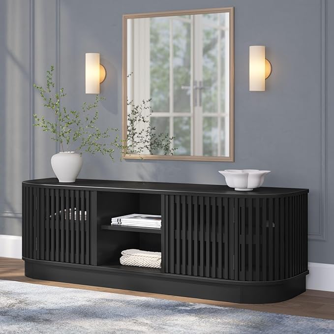 Plank+Beam Contour Wood TV Stand, Solid Wood Entertainment Console with Storage, 59" L x 16" W x 19" H, Black