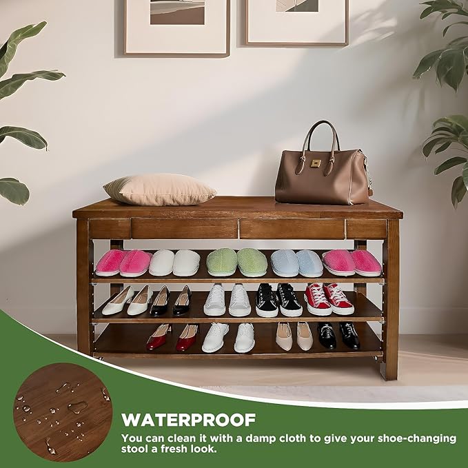 Wood Shoe Bench Entryway with Drawer: 3-Tiers Wooden Storage Shoe Rack with Bench Seat, Compact Mid-Century Modern Design for Entryway,Hallway, Closet,Front Door Entrance,Foyer Walnut 39.3"