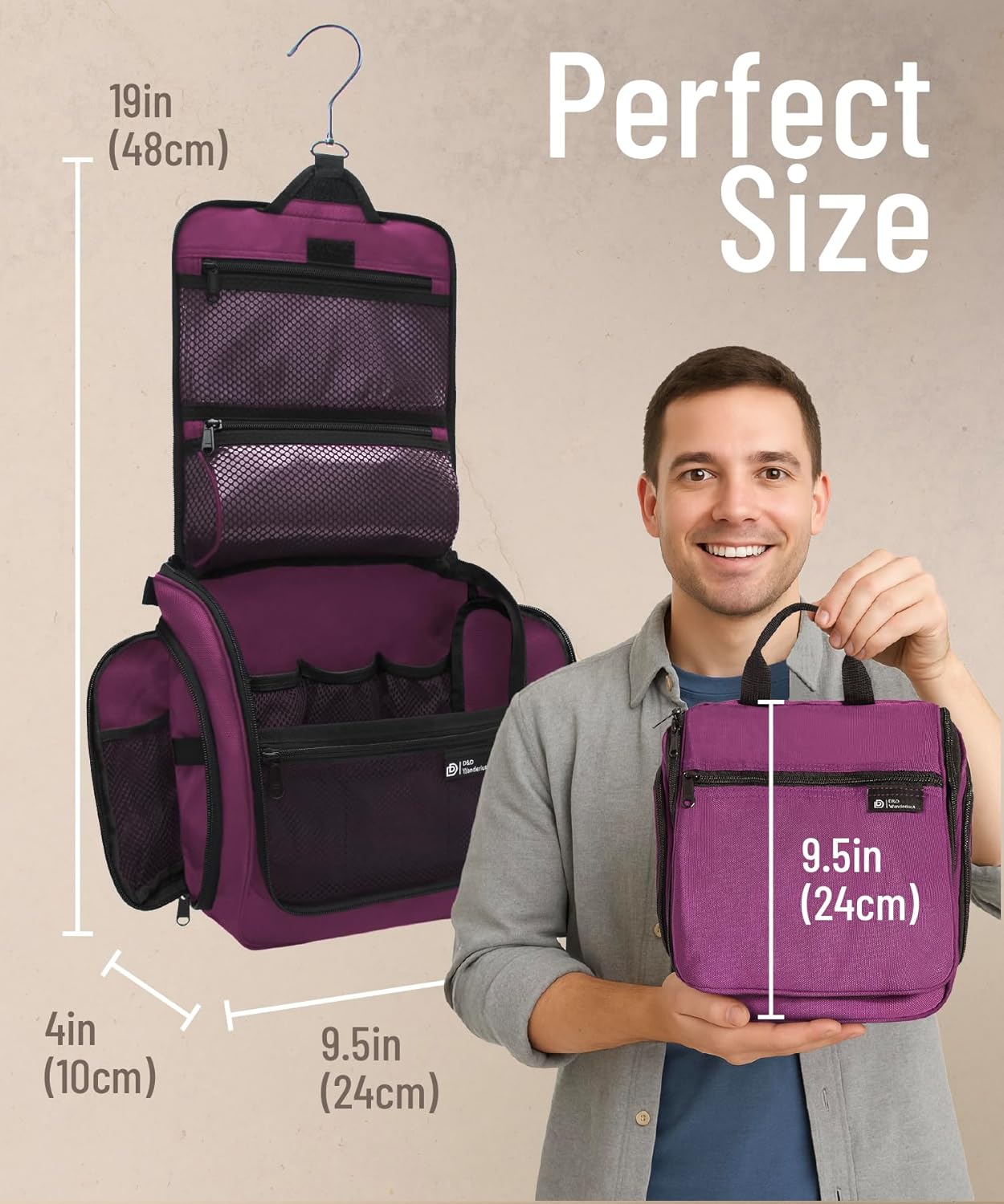 D&D Hanging Travel Toiletry Bag for Men and Women – Large Cosmetics, Makeup and Toiletries Organizer Kit with 10 Compartments, YKK Zippers, XXL Metal Swivel Hook, Water-Resistant Nylon