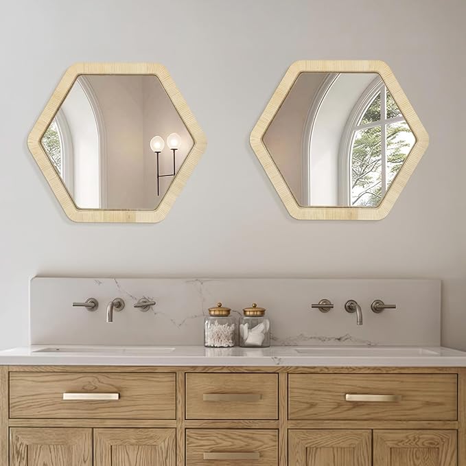 ULIKE Rattan Mirror for Wall, Bathroom 24 Inch Rustic Farmhouse Wall Decor with Handmade Wicker Frame, Boho Woven Mirror for Nursery Bedroom Living Room Entryway