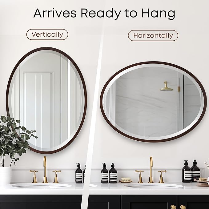 OVALCREST - Oval Wooden Beveled Wall Mirror for Home Decor, Bathroom, Vanity, Bedroom, Living Room, Hallway - London Style (Black Walnut) 21.1 x 25.1