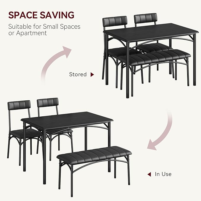 GAOMON Dining Table Set for 4 with Upholstered Bench and 2 Chairs, Rectangular Dining Room Table Set for 4 for Small Space, Apartment, Dinner, Rustic Black